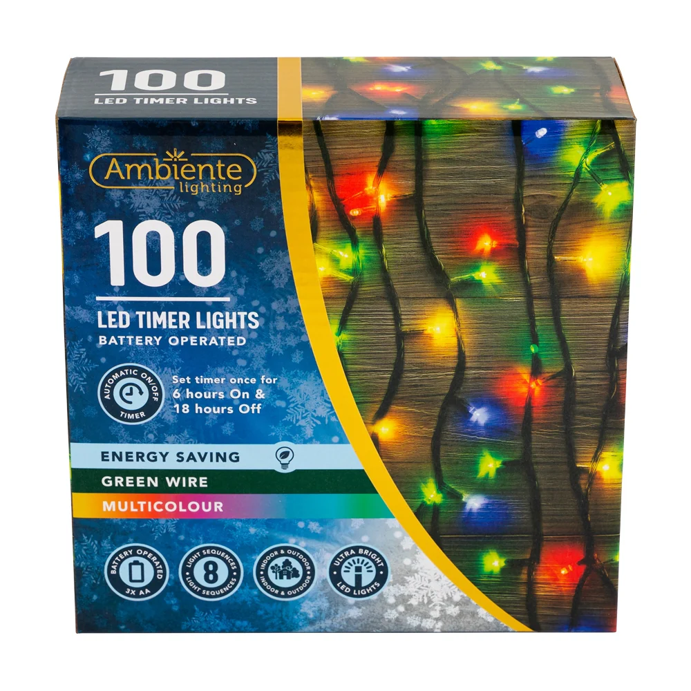 100 LED Timer String Lights Battery Operated & Green Wire Multicolour