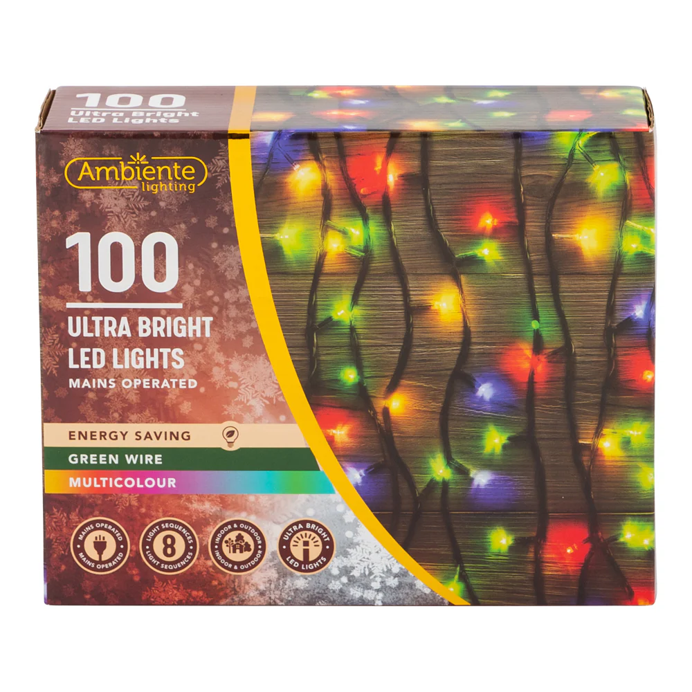 100 Ultra Bright LED String Lights Mains Operated & Green Wire Multicolour