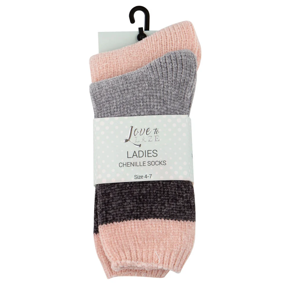 2 Pack Ladies Chenille Socks - Pink / Grey