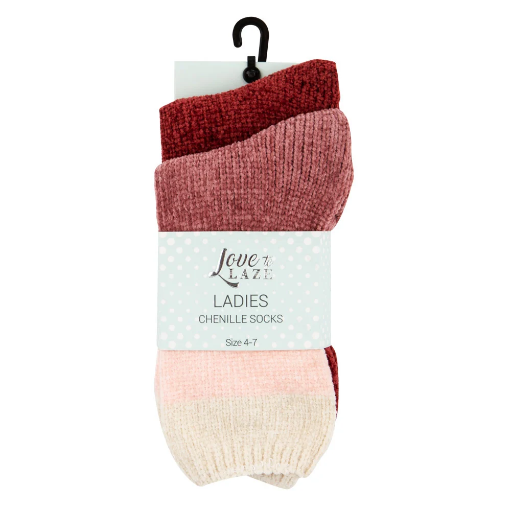 2 Pack Ladies Chenille Socks - Red / Pink