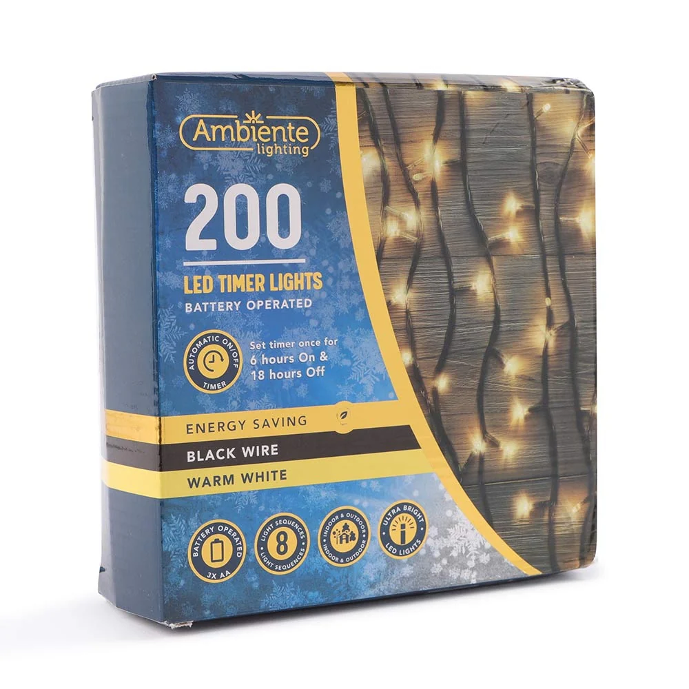 200 LED Timer String Lights Battery Operated & Black Wire Warm White