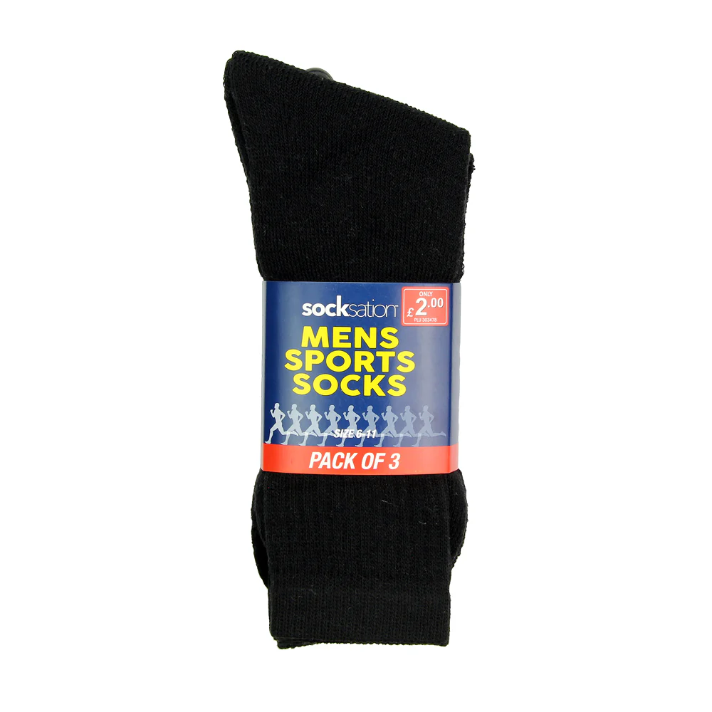 3 Pack Mens Sports Socks - Black