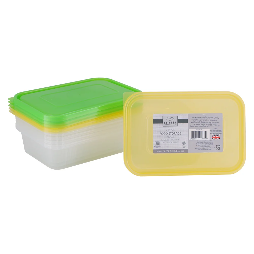 Food Containers 500ml 6 Pack With Green & Yellow Lids