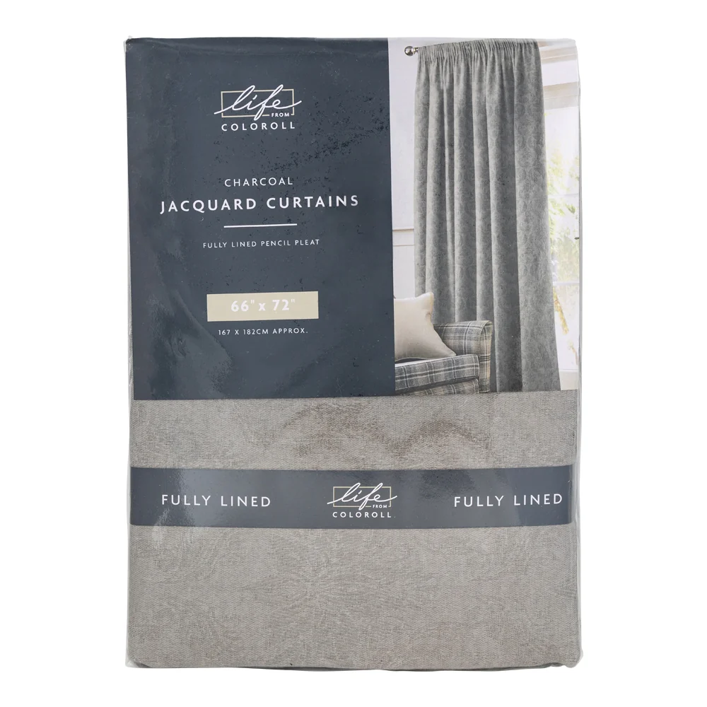 Fully Lined Jacquard Curtains - 66" X 72" Inch - Charcoal