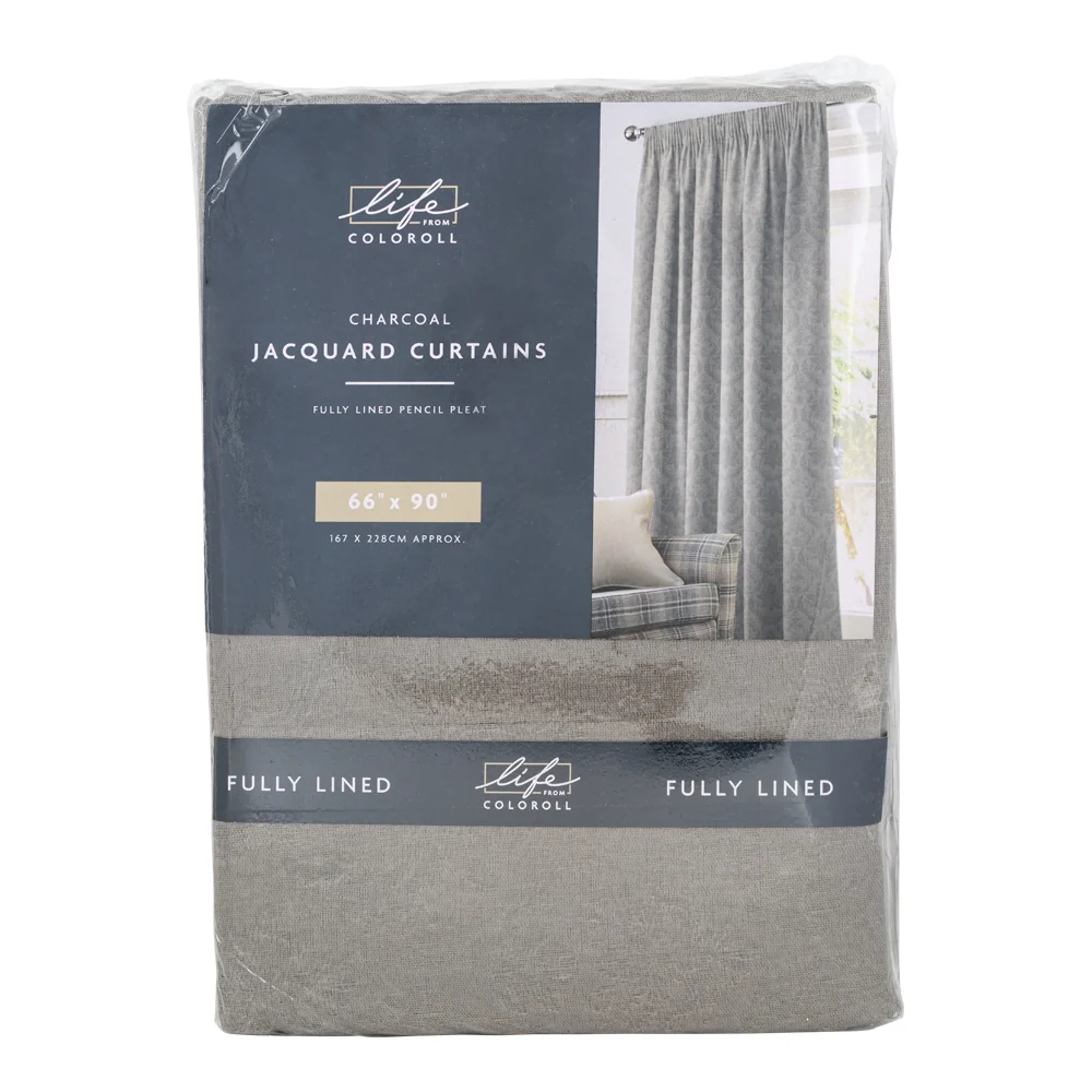 Fully Lined Jacquard Curtains - 66" X 90" Inch - Charcoal