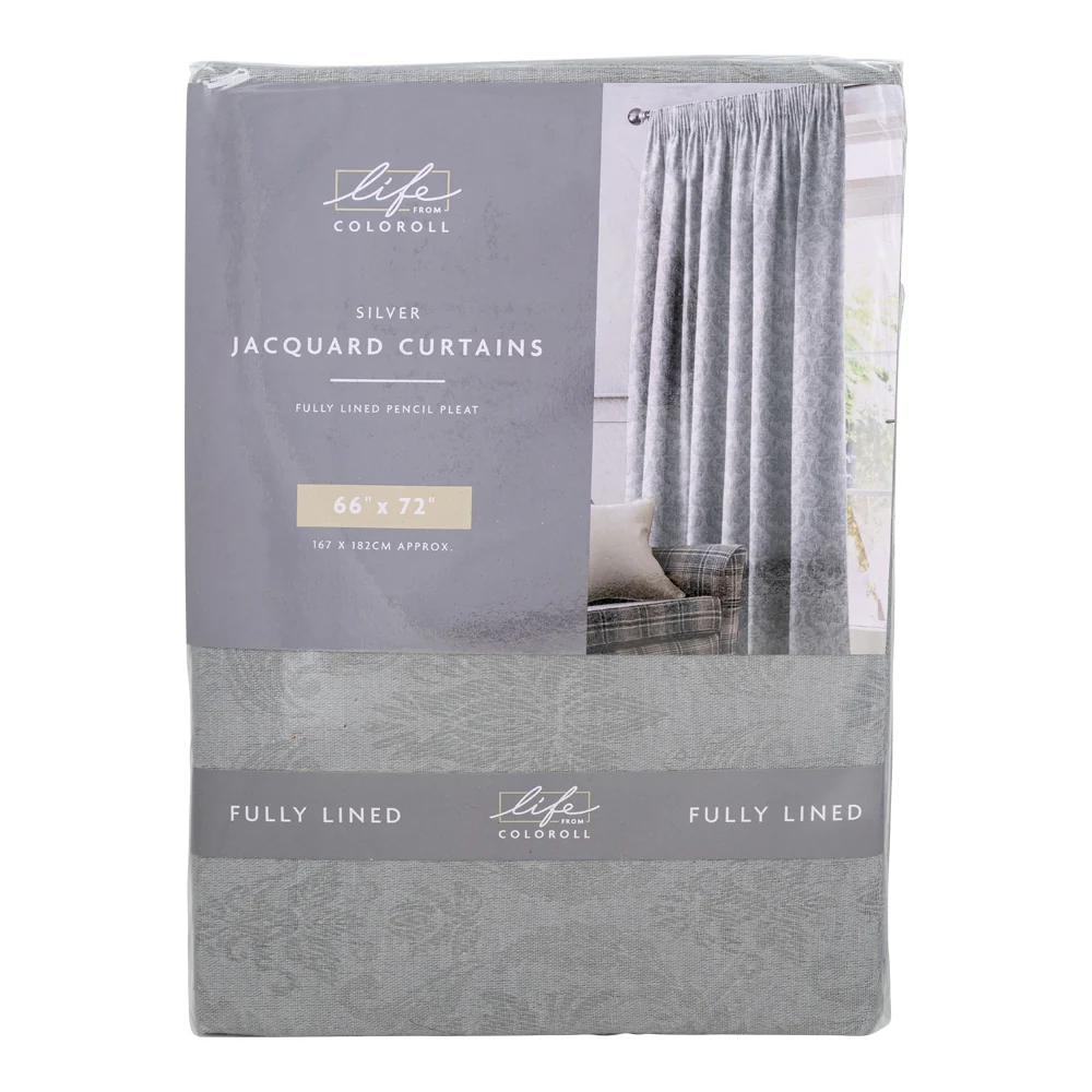 Fully Lined Jacquard Curtains - 66" X 72" Inch - Silver