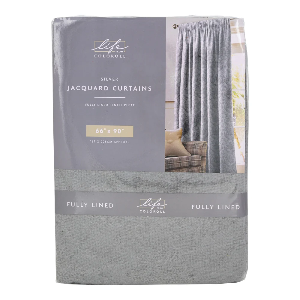Fully Lined Jacquard Curtains - 66" X 90" Inch - Silver