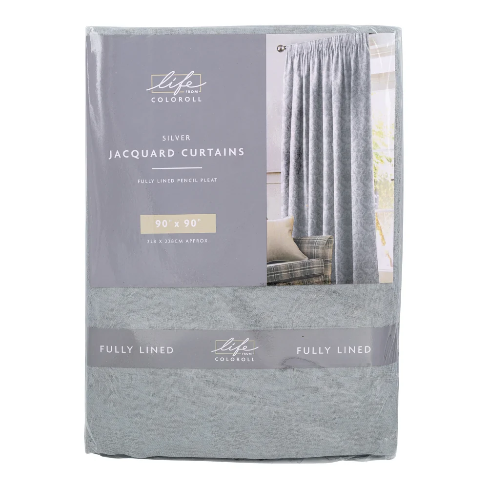 Fully Lined Jacquard Curtains - 90" X 90" Inch - Silver