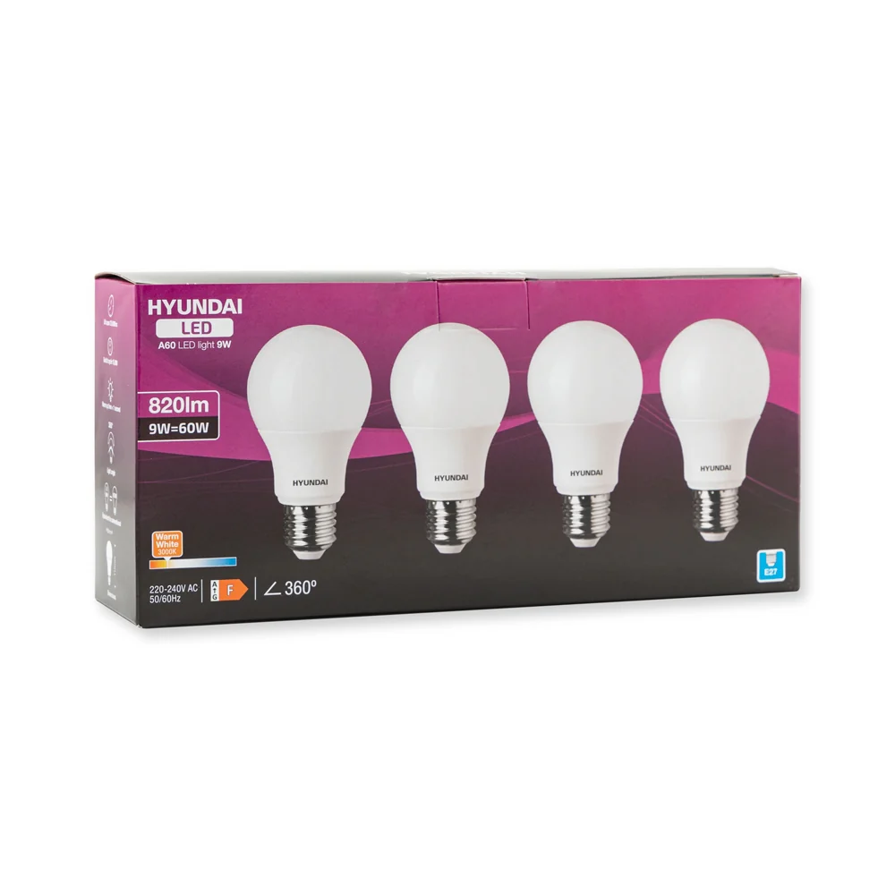 Hyundai Energy Saving LED Lightbulbs 9W E27 A60 Warm White 4 Pack