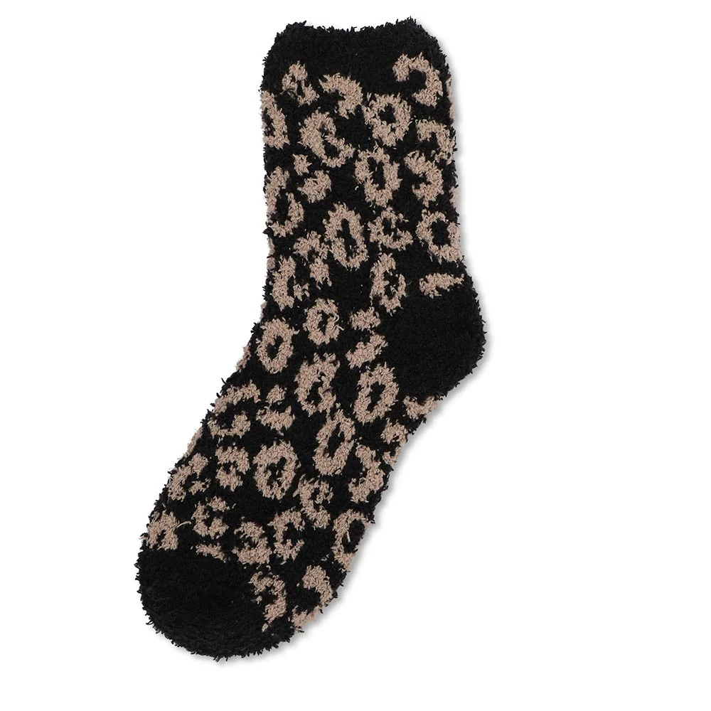 Ladies Black And Brown Leopard Print Snuggle Socks