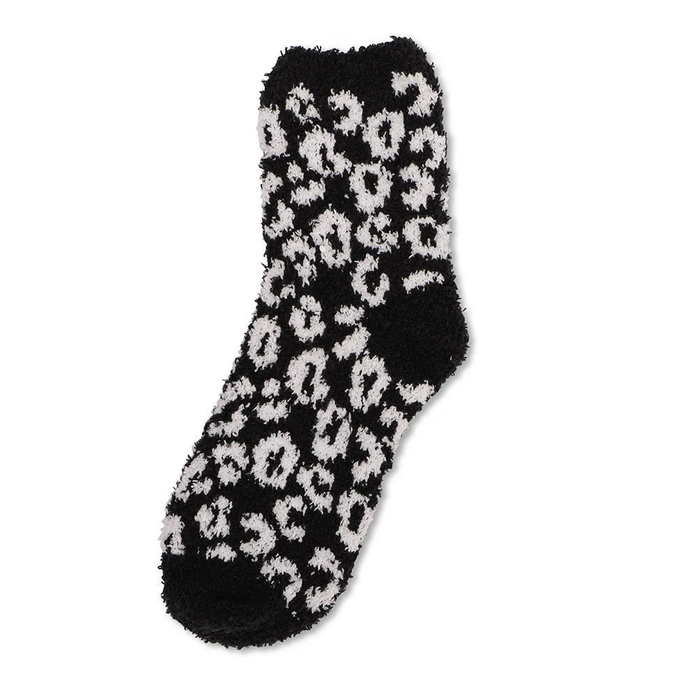 Ladies Black And White Leopard Print Snuggle Socks