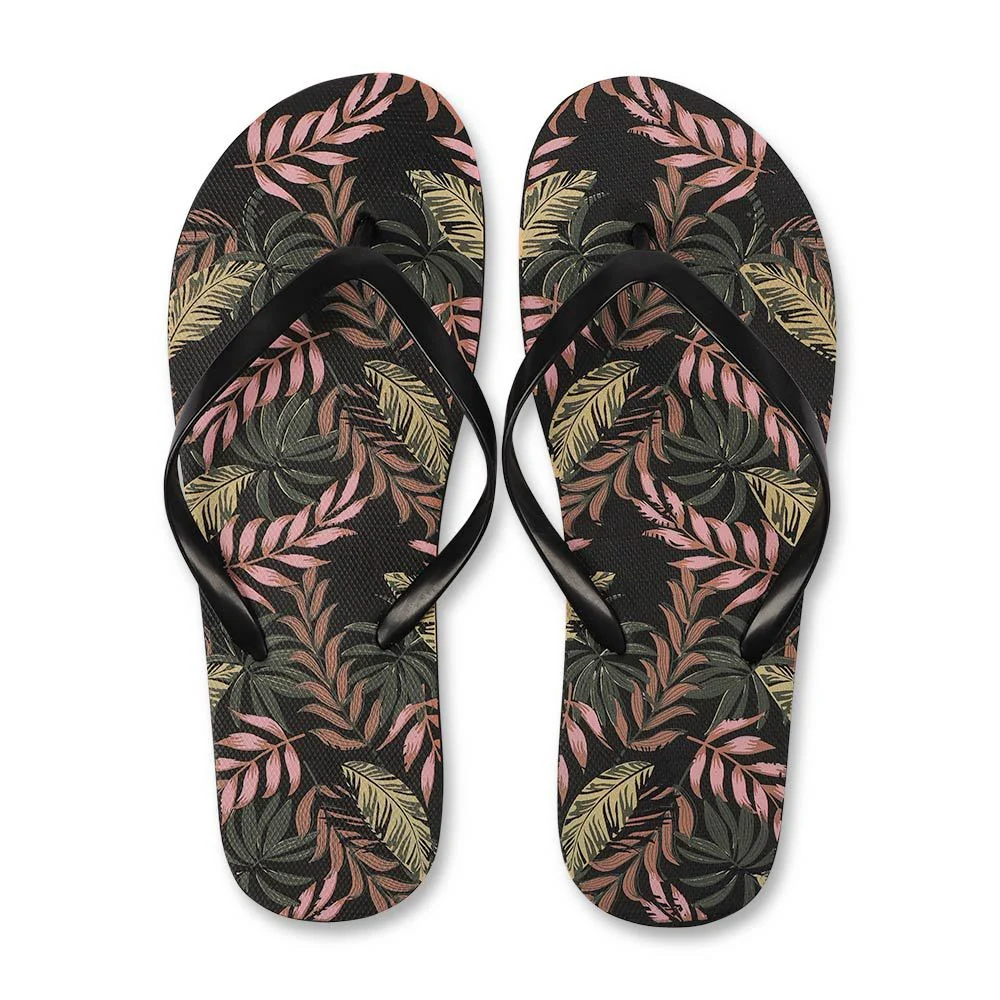 Ladies Flip Flops Black Leaf