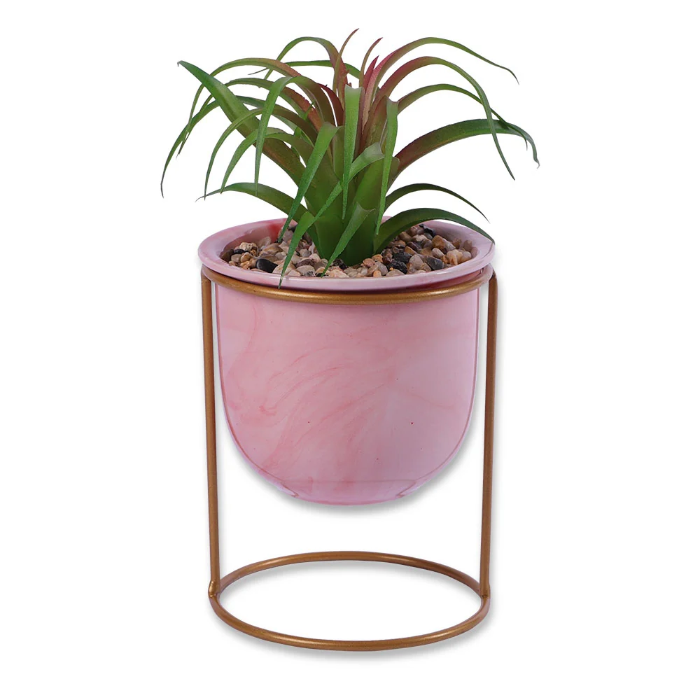 Marble Pot On Stand With Fake Succulent Pink