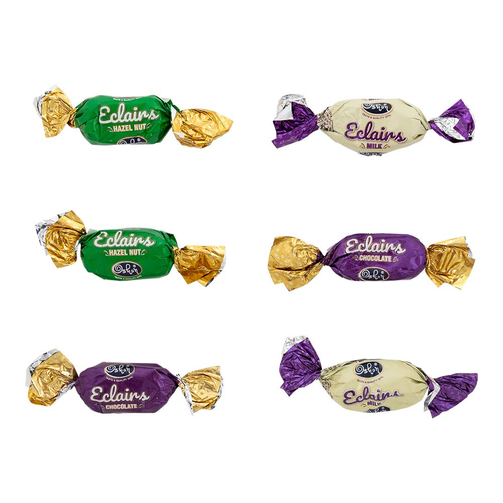 Oshon Eclairs Assorted Chocolate, Milk & Hazelnut Flavour Sweets 600g - Image 2