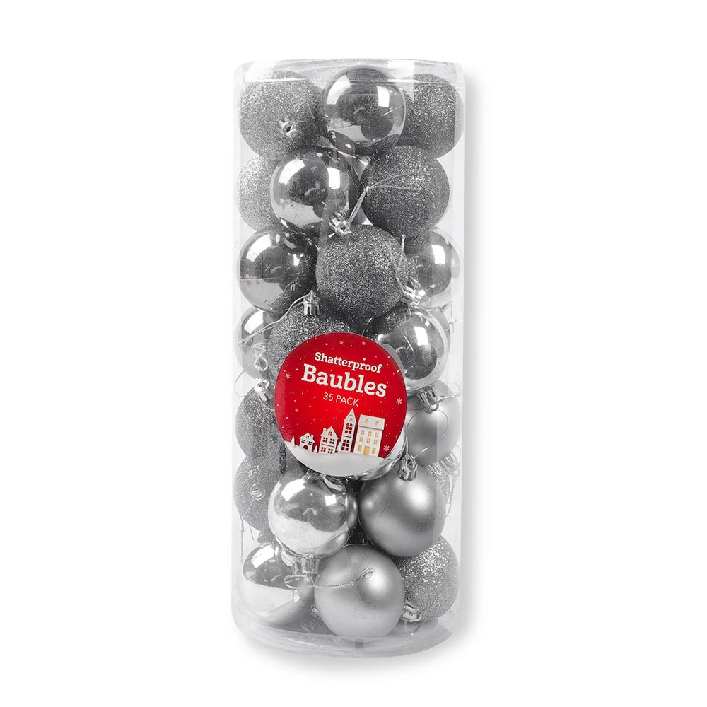 Silver Shatterproof Baubles Set 35 Pack