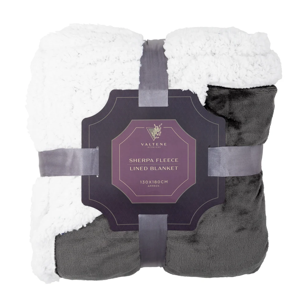 Valtene Sherpa Fleece Lined Throw Charocal 130 x 180cm