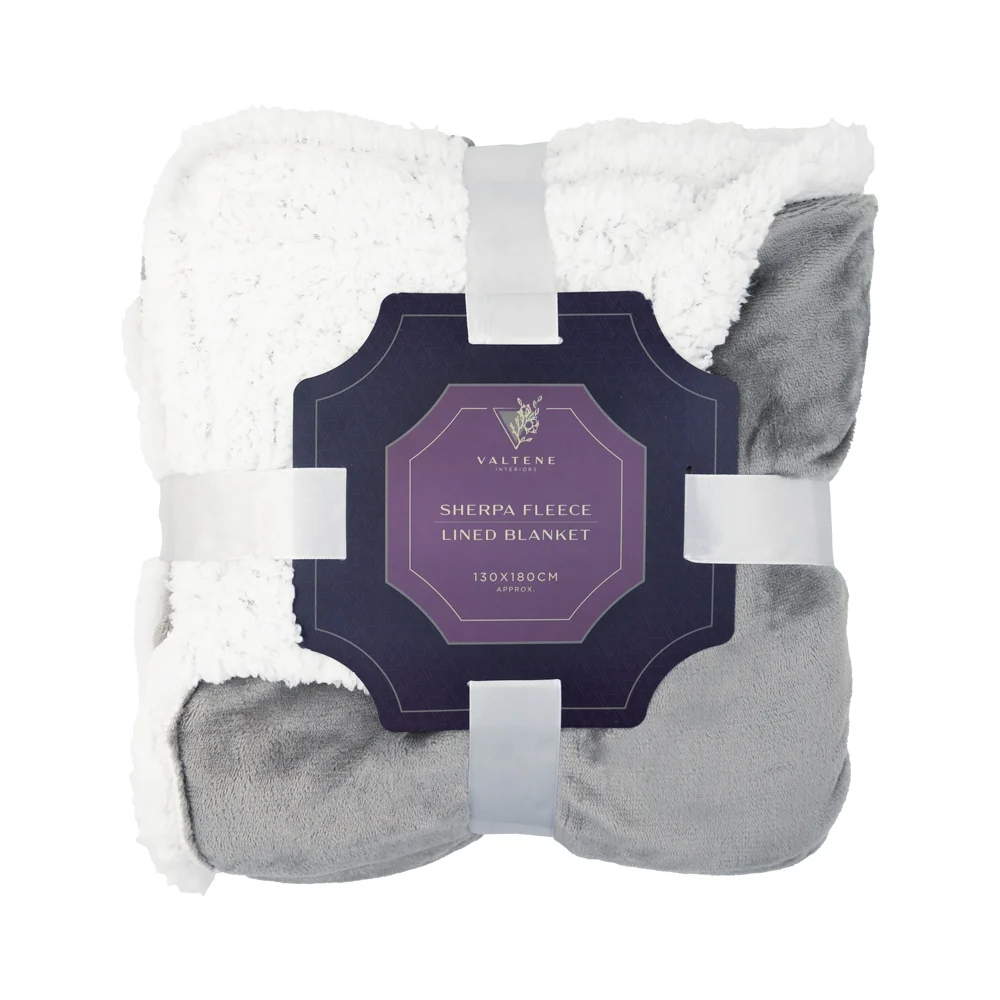 Valtene Sherpa Fleece Lined Throw Silver 130 x 180cm